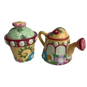 MARY ENGELBREIT Vintage Ceramic Flower Pot Sugar Bowl & Watering Can Creamer